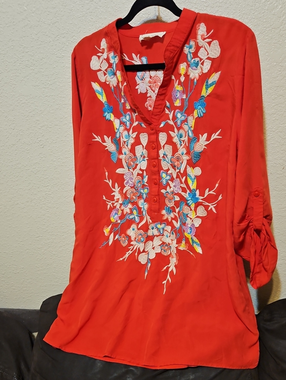 Embroidered V-Neck Red Tunic Top